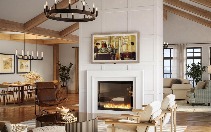 Open-concept living room with a Sony TV planned above the fireplace