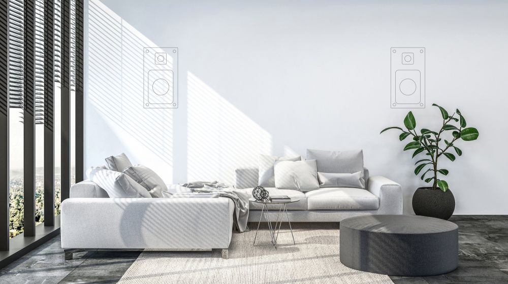 Living room with invisible in-ceiling speakers hidden from view