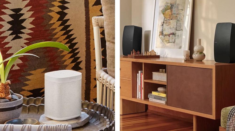 Compact wireless speaker blending into a designed living space