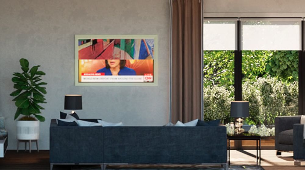 Art-style frame TV that reads as artwork on a living room wall